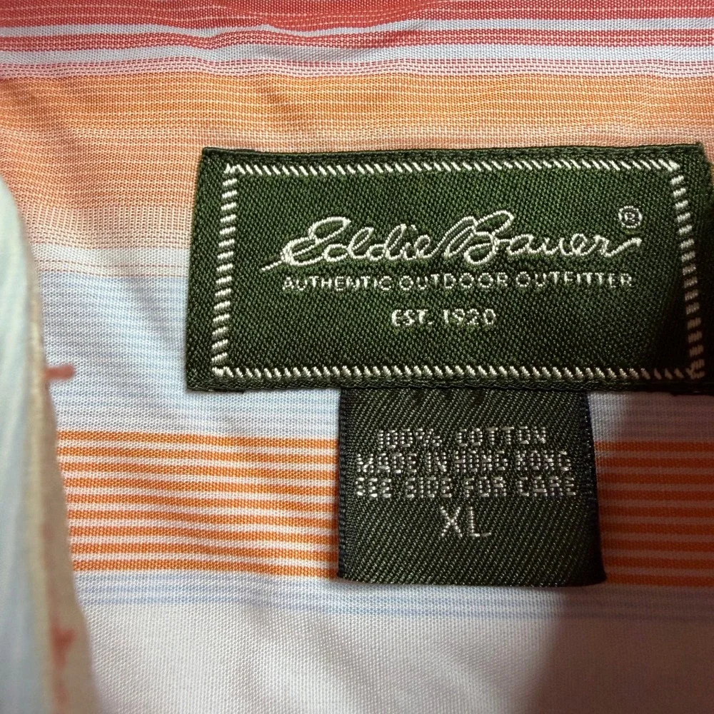 Eddie Bauer Mens XL Orange Striped Long Sleeve Button Down Stain Resistant Shirt